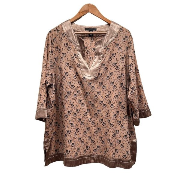Apostrophe Blouse V Neck Tan Brown Floral 3/4 Sleeve Split Neck Sz 20-22 W - Picture 1 of 12